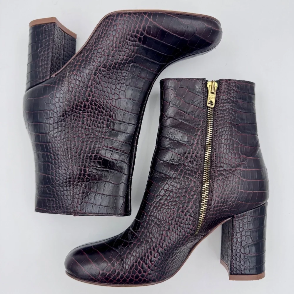 EUC J. Crew Stamped Croc Zip Women's Brown Leather Ankle Booties - Size‎ 5.5